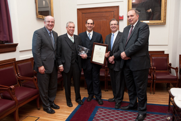 (from left) Peter Slavin, president of MGH and professor of Health Care Policy at HMS; Andrew Warshaw, surgeon-in-chief and chairman emeritus in the Department of Surgery at MGH and the W. Gerald Austen Distinguished Professor of Surgery at HMS; David Rattner, chief of the Division of Gastrointestinal and General Surgery at MGH and the Warshaw Family Professor of Surgery at HMS; Jeffery S. Flier, Dean of the Faculty of Medicine at Harvard University; and Keith Lillemoe, head of the Department of Surgery at MGH and the W. Gerald Austen Professor of Surgery at HMS. Photo by Suzanne Camarata.