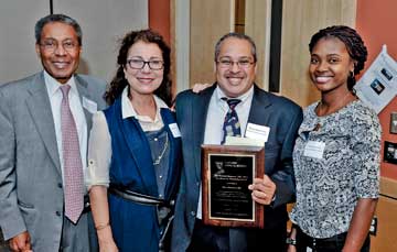 From left, Alvin Pouissant, Professor of Psychiatry and Faculty Associate Dean for Student Affairs at Harvard Medical School, Elaine Shannon, Elliot Melendez, Samsiya Ona. Photo by Steve Lipofsky 