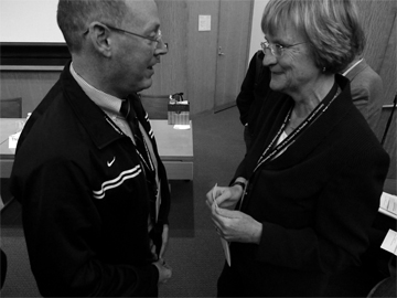 Kolokotrones University Professor Paul Farmer and Harvard University President Drew Faust at the symposium. Photo: Jake Miller