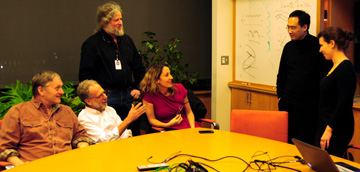From left: Senior authors Cliff Tabin, Dan Lieberman, Bruce Morgan and Pardis Sabeti talk with first authors Sijia Wang and Yana Kamberov. Sabeti Lab photo.