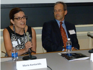 From left, Maria Kontaridis, an HMS assistant professor of medicine at Beth Israel Deaconess Medical Center, and Daniel Deschler, an HMS professor of otology and laryngology at Mass Eye and Ear, on a panel at a recent faculty orientation. Image: Laurie O'Connor 