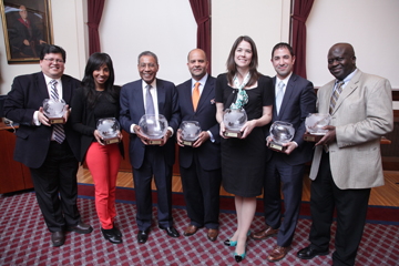 Diversity Award recipients recognized at the Howard, Dorsey, Still Lecture & Diversity Awards Ceremony on March 13, 2014, are, from left, Jose Romero, Asani Swann (accepting on behalf of Brian Swann), Alvin Poussaint, Aaron Styer, Tracey Milligan, Tracey Cho, Rhuel Worrell. Not pictured: Brian Swann and Marcela del Carmen. Image: Jeff Thiebauth