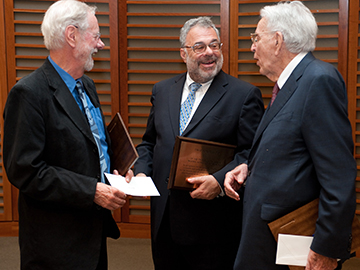 (From left) Alpert Award winners Ronald Davis, David Botstein and David Hogness at the 2013 Warren Alpert Foundation Prize Scientific Symposium. Image: Suzi Camarata