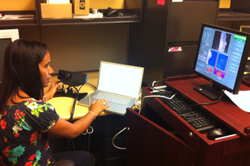 Frias working on her Summer Clinical and Translational Research Program project at HMS. Image: Carol Martin 