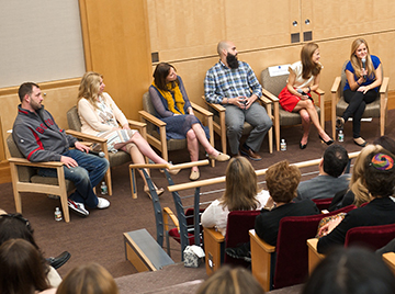 Gillian Remy (far right) sits next to her mother Audrey, along with other Boston Marathon survivors. Image: Brigham and Women's Hospital