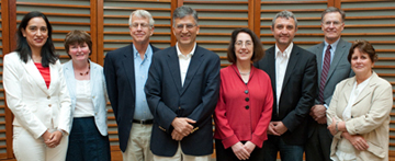 Evergrande Center symposium speakers (from left) Ana Anderson, Fiona Powrie and Lawrence Steinman; organizers Vijay Kuchroo and Arlene Sharpe; speakers Ruslan Medzhitov, Bruce Walker and Diane Mathis. Image: Suzanne Camarata Photography