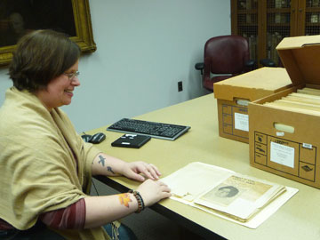 Clutterbuck-Cook with boxes of Southard's papers at the Countway Library. Image: M. Buckley