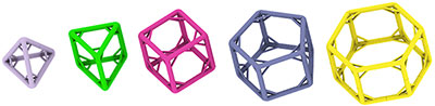 The five cage-shaped DNA polyhedra here have struts stabilizing their legs, and this innovation allowed a Wyss Institute team to build by far the largest and sturdiest DNA cages yet. The largest, a hexagonal prism, is one-tenth the size of an average bacterium. Credit: Yonggang Ke / Harvard’s Wyss Institute