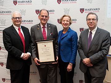 From left: Alan Ropper, Raymond D. Adams Master Clinician and Executive Vice Chairman of the Department of Neurology at Brigham and Women’s Hospital; Martin Samuels, the inaugural Miriam Sydney Joseph Professor of Neurology; Elizabeth Nabel, president of Brigham and Women’s; and Jeffrey S. Flier, Dean of the Faculty of Medicine at Harvard University. Image: Suzanne Camarata Photography
