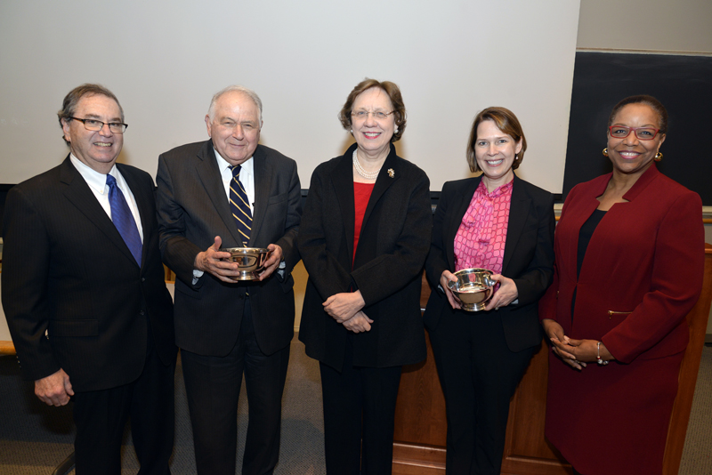 HMS Dean Jeffrey S. Flier with Ronald Arky, the Harvard Medical School Daniel D. Federman, M.D. Distinguished Professor of Medicine and Medical Education, Barbara McNeil, the HMS Ridley Watts Professor of Health Care Policy, Anne Becker, the HMS Maude and Lillian Presley Professor of Global Health and Social Medicine, and Joan Reede, HMS dean for diversity and community partnership celebrate the inaugural Barbara J. McNeil Faculty Award for Exceptional Service. Image: Steve Gilbert