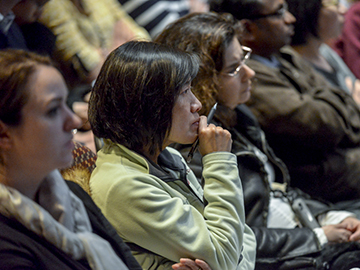 Audience members absorbed in O’Rahilly’s lecture.