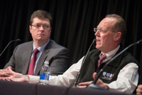 Lyon listens as Farmer fields a question. Image: Tony Rinaldo