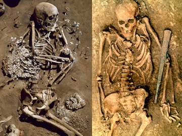 Left: Double burial of an adult female and young boy from the Late Neolithic Corded Ware culture at Karsdorf, Germany. Image: Juraj Lipták, LDA Sachsen-Anhalt. Right: Burial of a male associated with the Yamnaya culture at Kutuluk 1, near Samara, Russia. Image: Pavel Kuznetsov