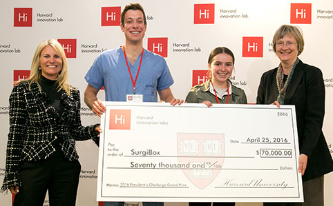 From left: Jodi Goldstein, Harvard i-lab director; Christopher Murray, Madeline Hickman and Harvard President Drew Faust. Image: Evgenia Eliseeva, Harvard Gazette