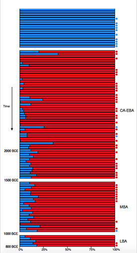 A snapshot of British genetics over time, with older samples at top and more recent at bottom. The chart shows in stark relief how an influx of Beaker migrants quickly transformed the gene pool from one type of ancestry (shown in blue) to another (red). Image courtesy Reich lab.