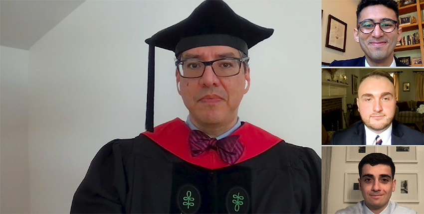screen grab from Class Day video with Saldana, Amen, Pahalyants, and DeMeo