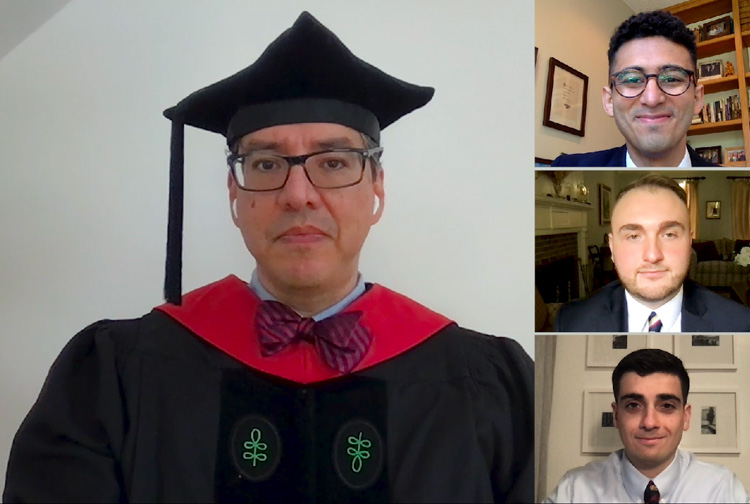 Screen shot from Class Day video of Dean for Students Saldana with inset of Amen, Pahalyants, and DeMeo