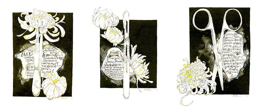 illustrations of surgical instruments adorned with flowers and words