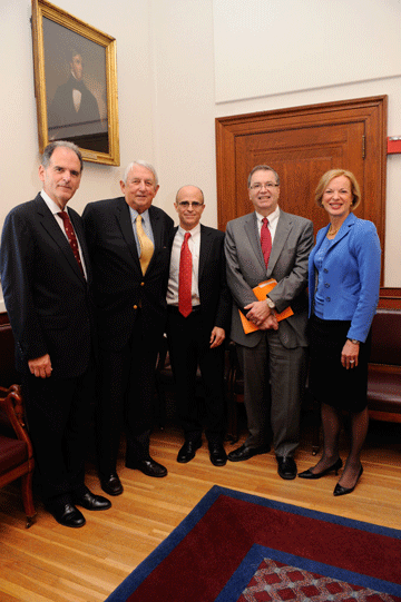 Martin Samuels, HMS professor of neurology and chairman of the Department of Neurology at BWH; J. David Wimberly, MBA ’58; Kirk Daffner, chief of the Division of Cognitive and Behavioral Neurology and director of the Center for Brain Mind Medicine at BWH; Jeffrey S. Flier, dean of the faculty of medicine at HMS; and Betsy Nabel, president of BWH and Faulkner Hospitals and HMS professor of medicine. 