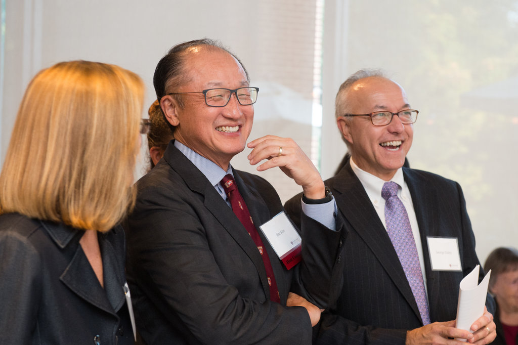 HMS Dean George Q. Daley and friend and classmate Jim Yong Kim, president of the World Bank Group. Image: Abby Jiu Photography