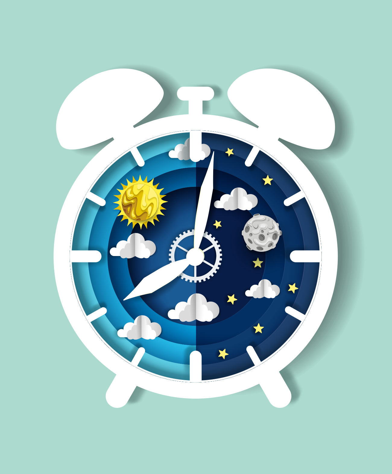 illustration of a clock split to show day and night