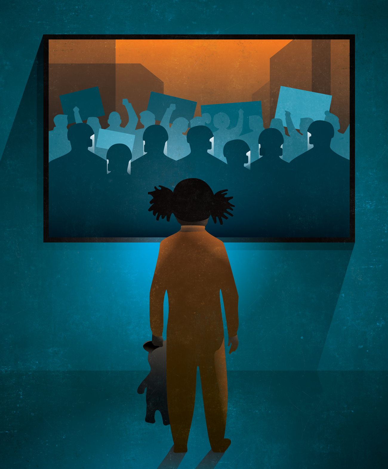 llustration of a young Black girl, holding a teddy bear, watching televised scenes of police and protesters confronting each other