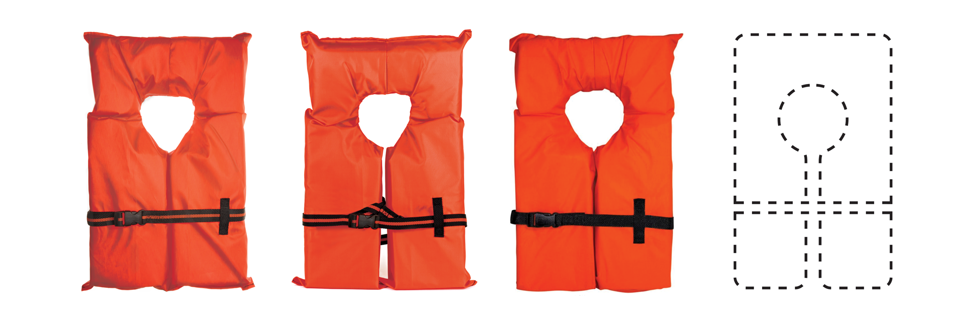 illustration of three orange life vests and one dotted-line outline of a life vest