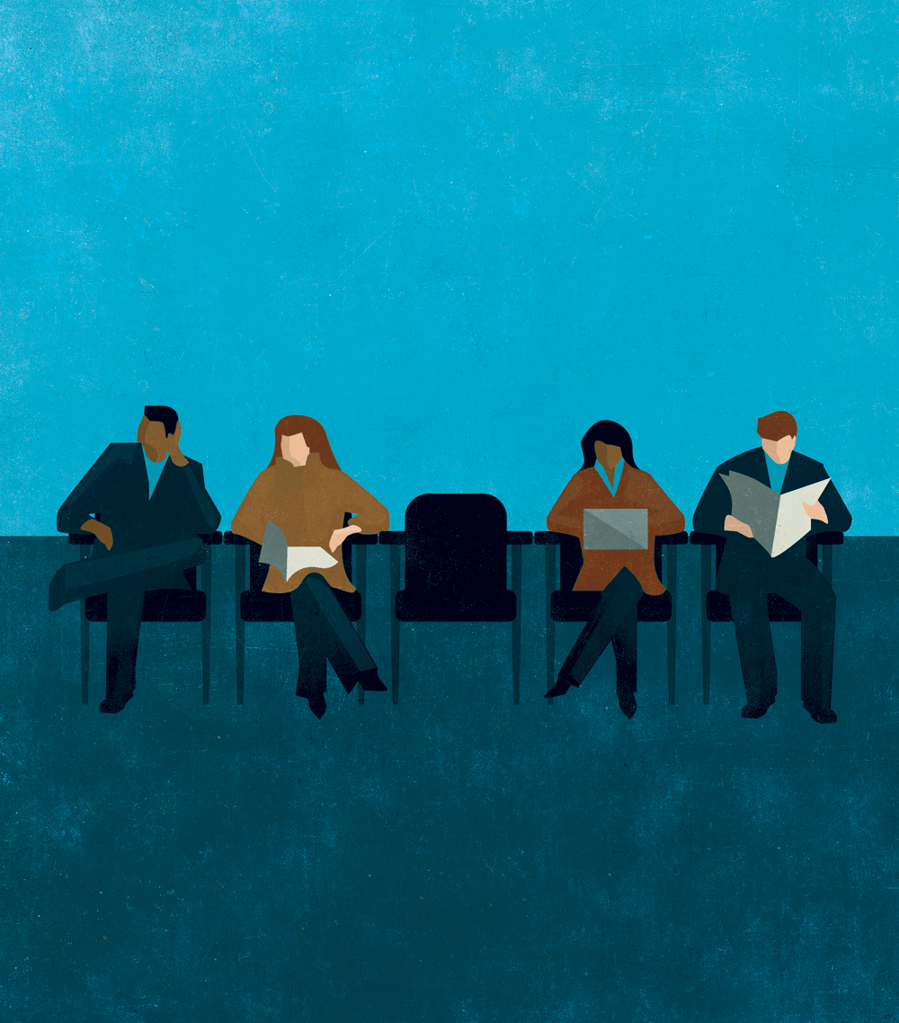 illustration of people in waiting room, one individual is only an outline