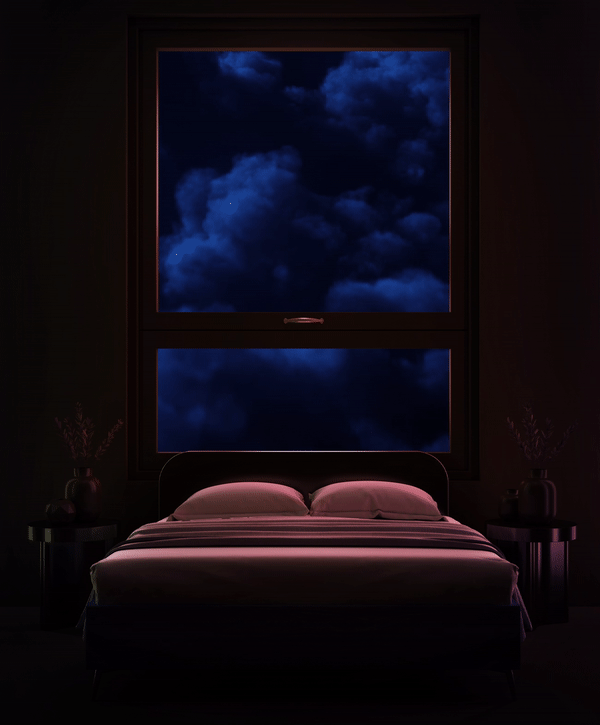 short clip of a bed with a window over it that has dark clouds moving by very quickly