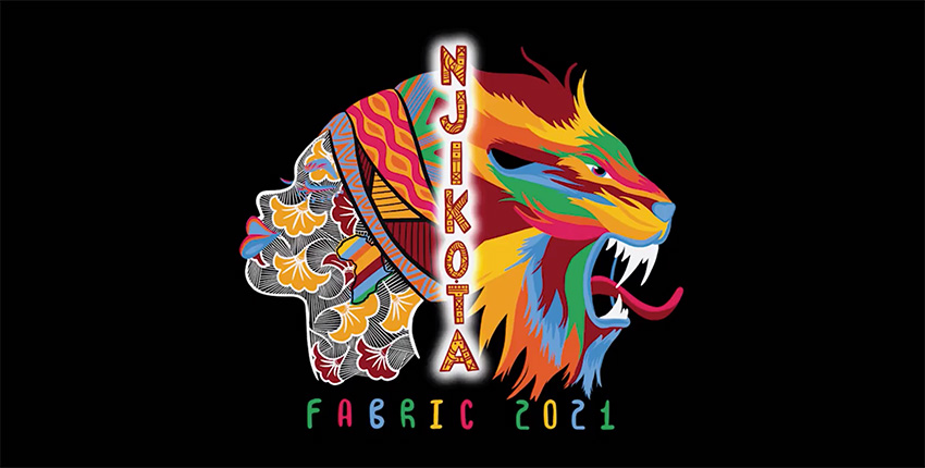 Fabric logo with multi-colored illustration of African woman and colorful lion with the word Njikota on black background