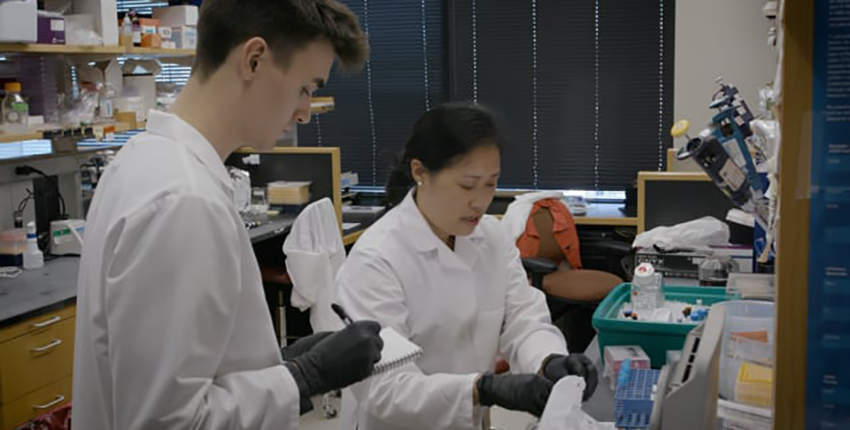 Two people in white lab coats and safety gear working at a science bench.