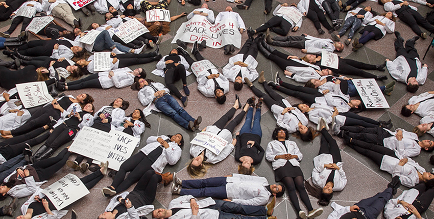 Die-in at the TMEC atrium. Image: Bethany Versoy for HMS