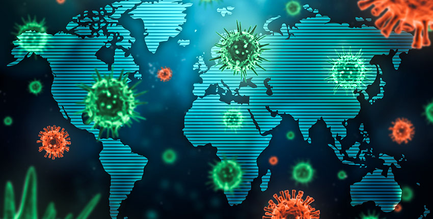 An illustrated map of the world with hovering viral particles