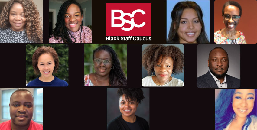 Screen grab of a zoom meeting of the Black Staff Caucus showing some of its members 