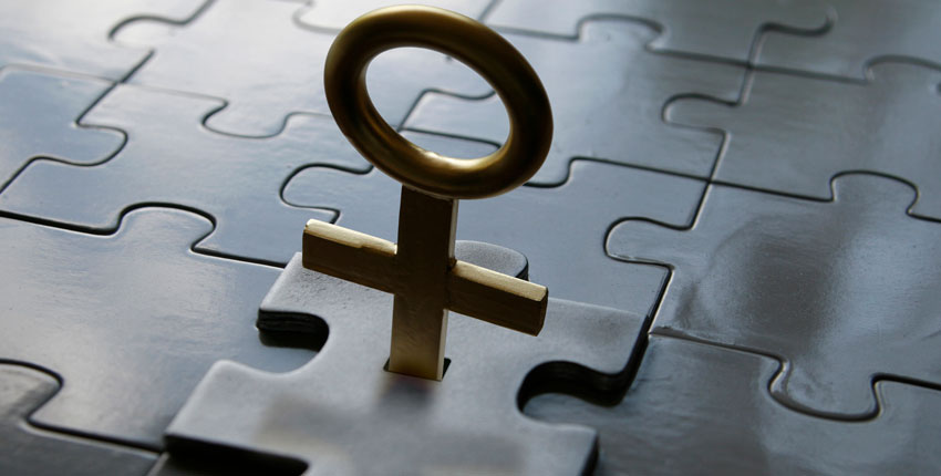 A puzzle piece with a female sign for a handle clicking into a puzzle