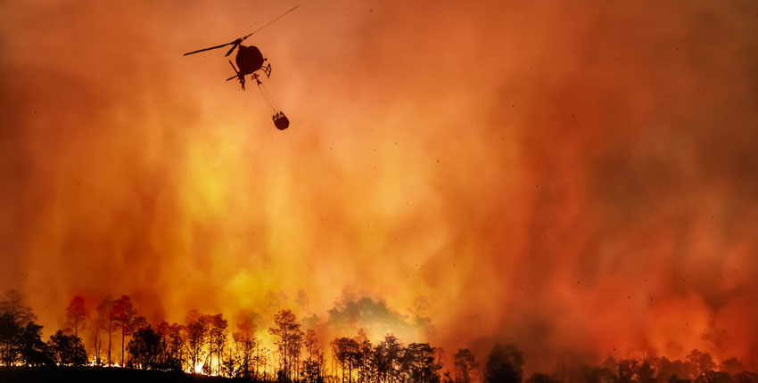 Photo of helicopter dousing large CA forest fire with bucket of water