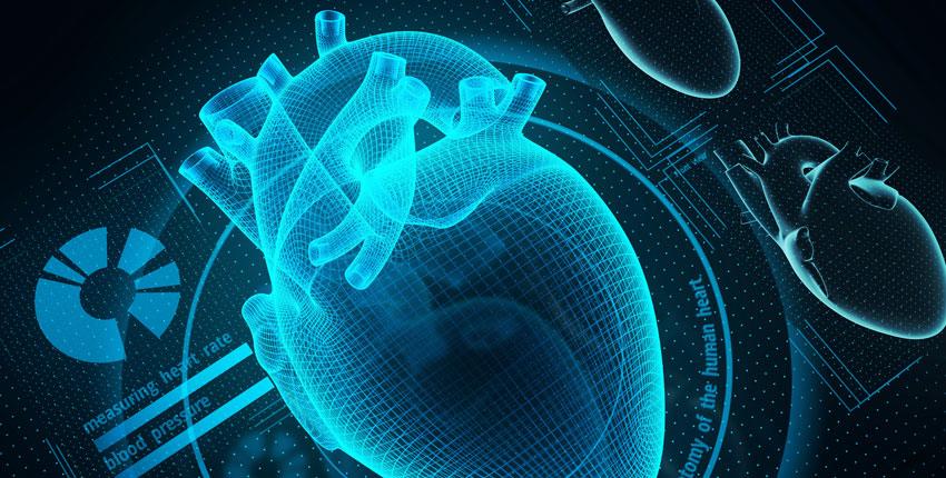 Illustration of a heart x-ray with technology around it, such as a CD