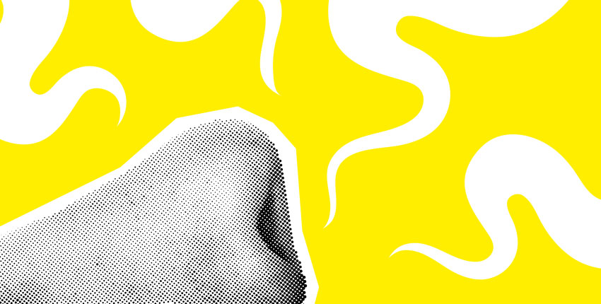 A stylized nose illustration on a yellow background with white smell lines 