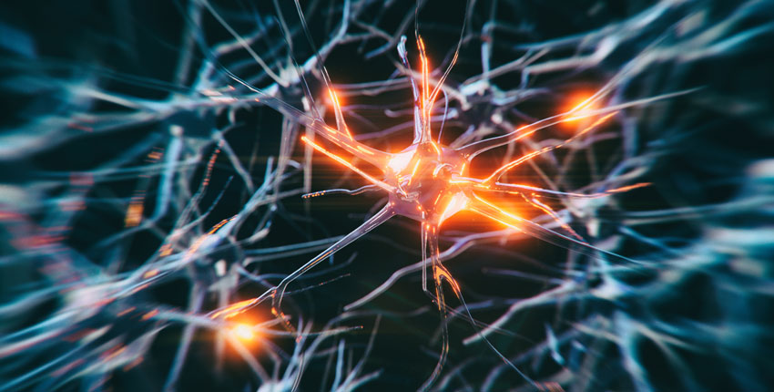 A close up of a network of dark blue neurons on a black background, with spots of glowing orange
