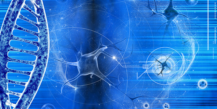 neuron and dna on blue background