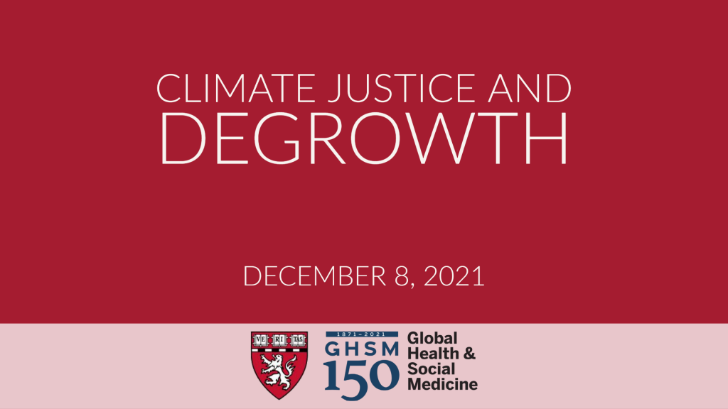 A title card for the Climate Justice and Degrowth Symposium with pale text on a red background.