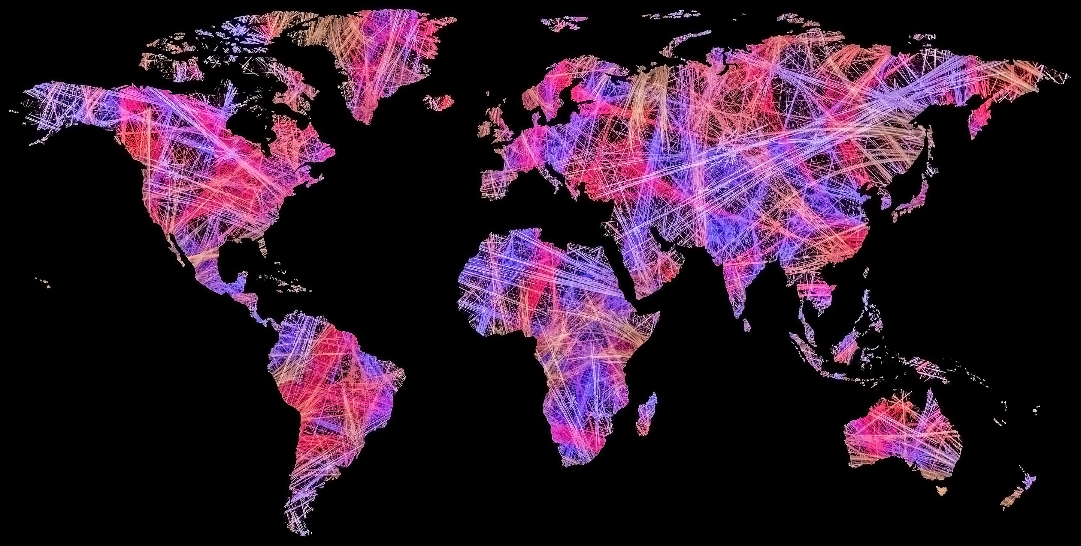 Abstract world map with colorful lines.