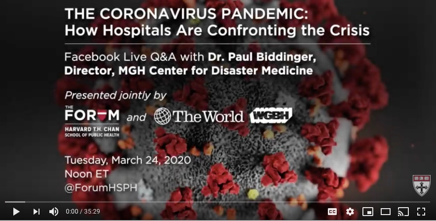 An illustration of the conornavirus with text describing an event about how hospitals are confronting the pandemic.  