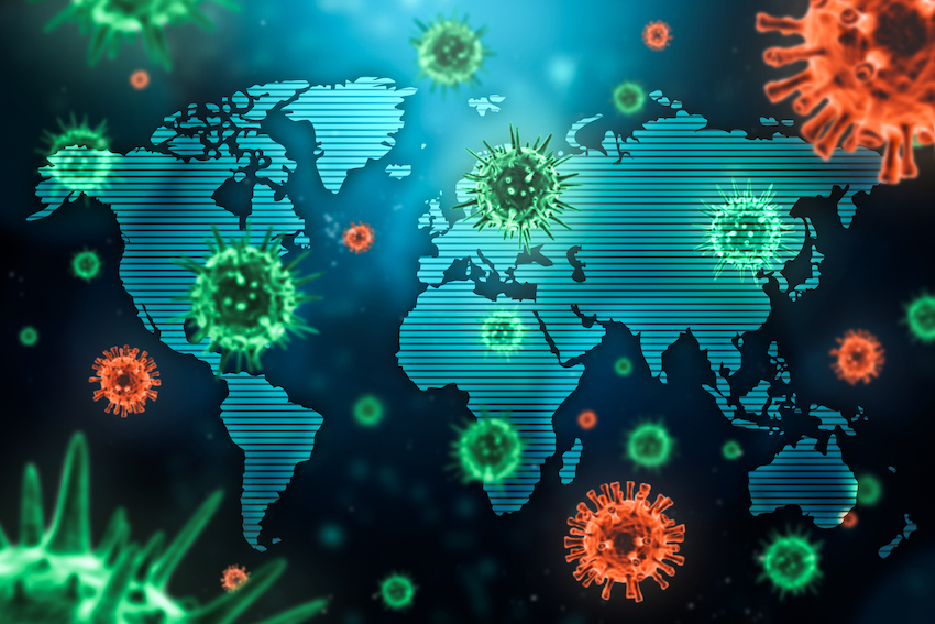 Colorful illustration of coronaviruses superimposed over a world map
