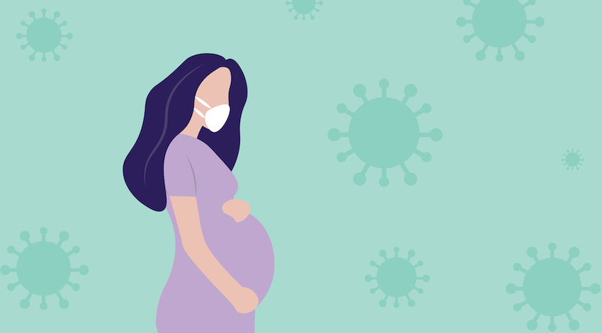 Illustration of pregnant woman wearing a mask with green background of coronaviruses
