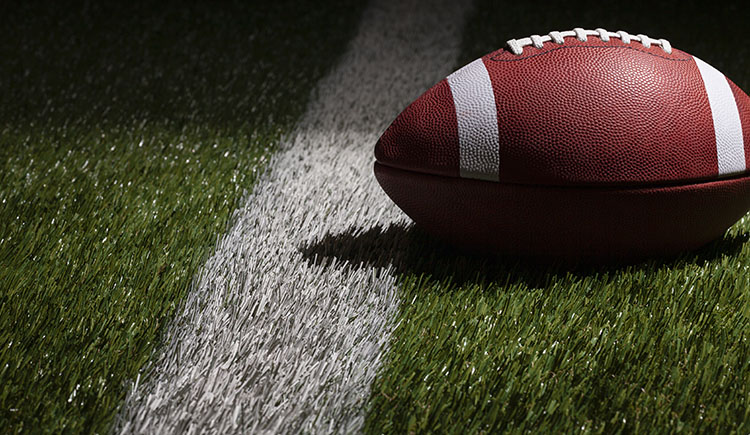 A football lays on the grass in front of a white line.
