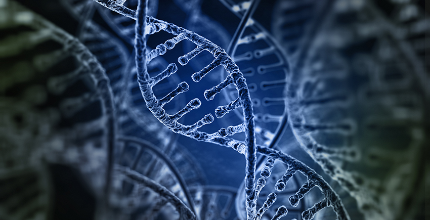 Artist's rendition of a strand of DNA against a blue and black background