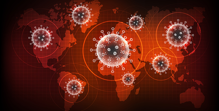 Illustrations of coronavirus virons superimposed no a map of the world. 