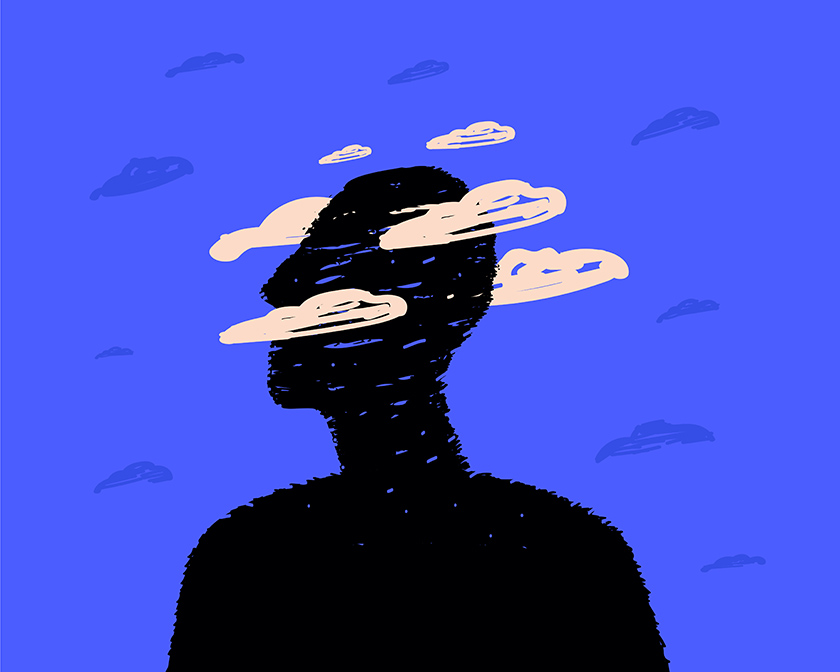 silhouette in dark with clouds around the head illustrating brain fog