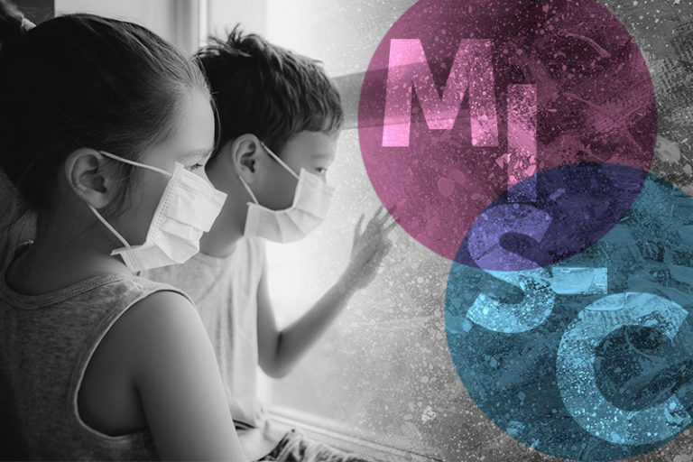 Black and white image of two children in surgical masks. To the side, pink and blue circles intersect with watermarked letters MIS-C